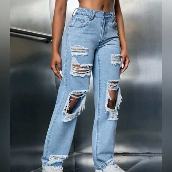 Shien SXY Ripped Cut Out Straight Leg Jeans - Picture 2 of 3